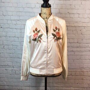 Forever 21 Jacket Cream Tan Embroidered Floral Silky Medium